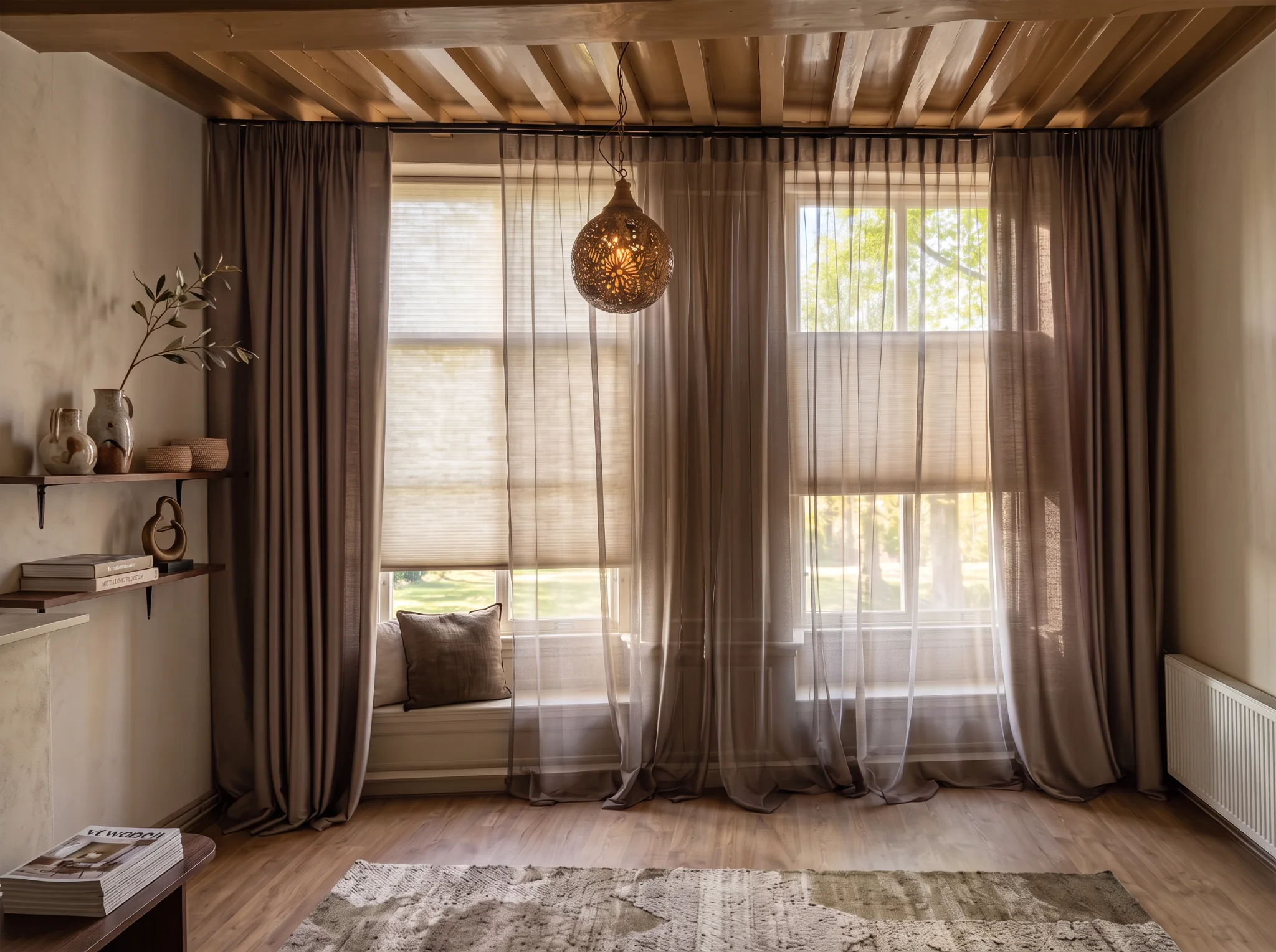 Raamdecoratie en vloer in sfeervolle woonkamer